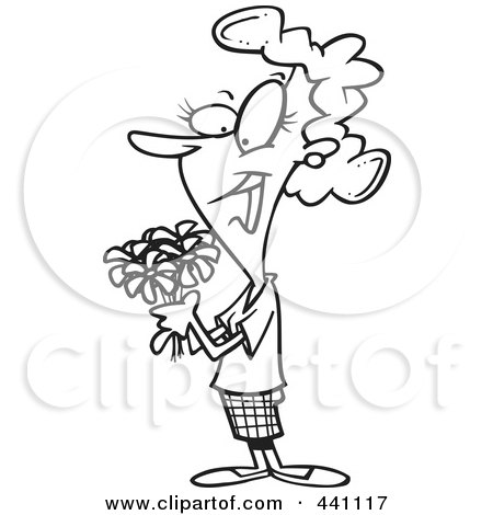 Royalty-Free (RF) Clip Art Illustration of a Cartoon Black And White Outline Design Of A Woman Holding A Bouquet by toonaday
