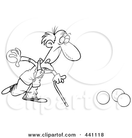Royalty-Free (RF) Clip Art Illustration of a Cartoon Black And White Outline Design Of An Old Man Playing Bowls by toonaday