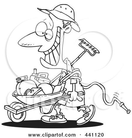 Royalty-Free (RF) Clip Art Illustration of a Cartoon Black And White Outline Design Of A Happy Borrower Pushing A Wheelbarrow by toonaday