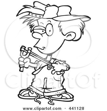 Royalty-Free (RF) Clip Art Illustration of a Cartoon Black And White Outline Design Of A Boy Using A Slingshot by toonaday