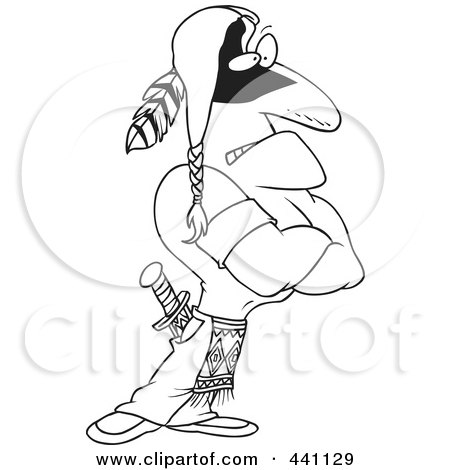 Royalty-Free (RF) Clip Art Illustration of a Cartoon Black And White Outline Design Of A Strong Native American Brave by toonaday