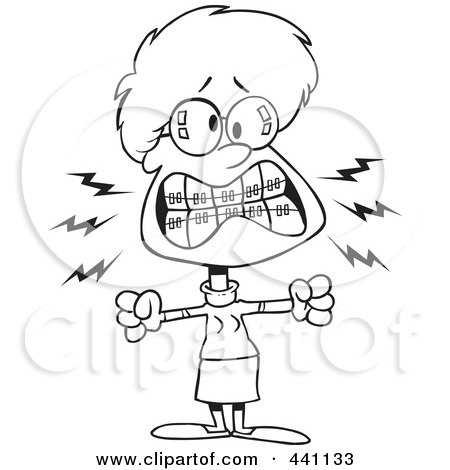Royalty-Free (RF) Clip Art Illustration of a Cartoon Black And White Outline Design Of A Mad Woman With Braces by toonaday