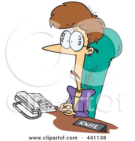 Royalty-Free (RF) Clip Art Illustration of a Cartoon Businesswoman Sitting At Her Desk With A Kneel Sign by toonaday