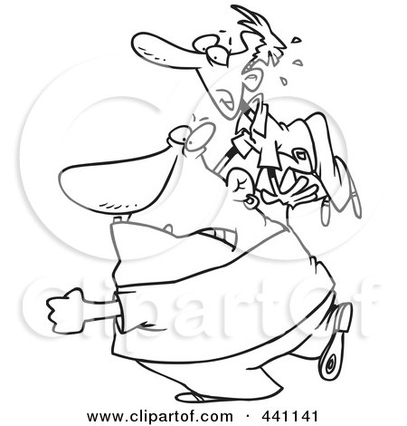 Royalty-Free (RF) Clip Art Illustration of a Cartoon Black And White Outline Design Of A Bouncer Throwing A Man by toonaday