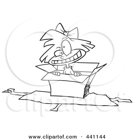 Royalty-Free (RF) Clip Art Illustration of a Cartoon Black And White Outline Design Of A Girl Popping Out Of A Gift Box by toonaday