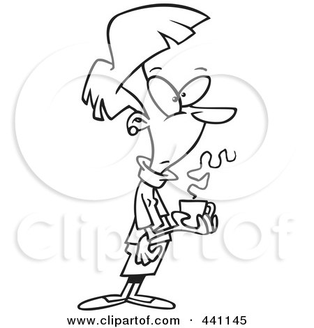 Royalty-Free (RF) Clip Art Illustration of a Cartoon Black And White Outline Design Of A Woman Holding Coffee On Her Break by toonaday
