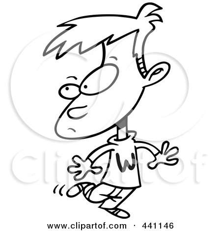 Royalty-Free (RF) Clip Art Illustration of a Cartoon Black And White Outline Design Of A Walking Boy by toonaday