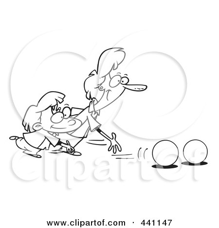 Royalty-Free (RF) Clip Art Illustration of a Cartoon Black And White Outline Design Of A Mother And Daughter Bowling by toonaday