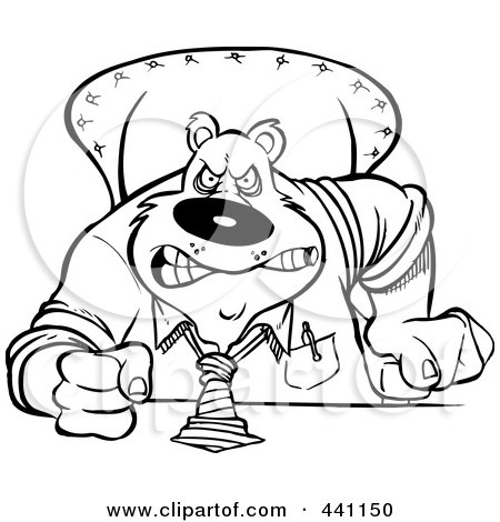 Royalty-Free (RF) Clip Art Illustration of a Cartoon Black And White Outline Design Of An Intimidating Business Bear Pounding His Desk by toonaday