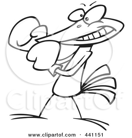 Royalty-Free (RF) Clip Art Illustration of a Cartoon Black And White Outline Design Of A Boxing Bird by toonaday