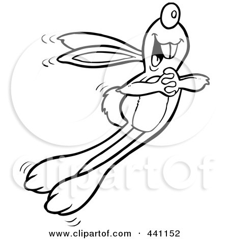 Royalty-Free (RF) Clip Art Illustration of a Cartoon Black And White Outline Design Of A Joyful Bouncing Bunny by toonaday