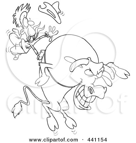 Royalty-Free (RF) Clip Art Illustration of a Cartoon Black And White Outline Design Of A Cowboy Riding A Giant Bull by toonaday