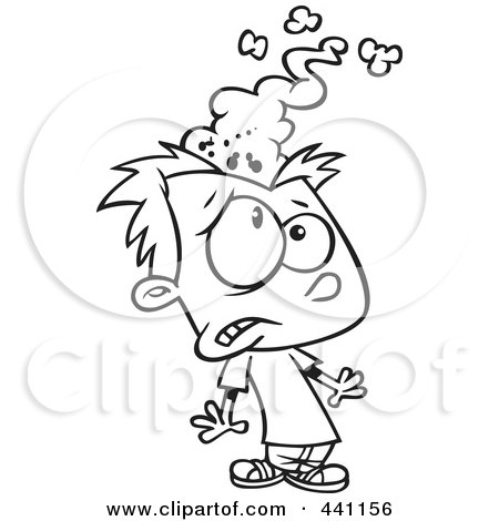 Royalty-Free (RF) Clip Art Illustration of a Cartoon Black And White Outline Design Of A Boy With A Blasting Brain by toonaday