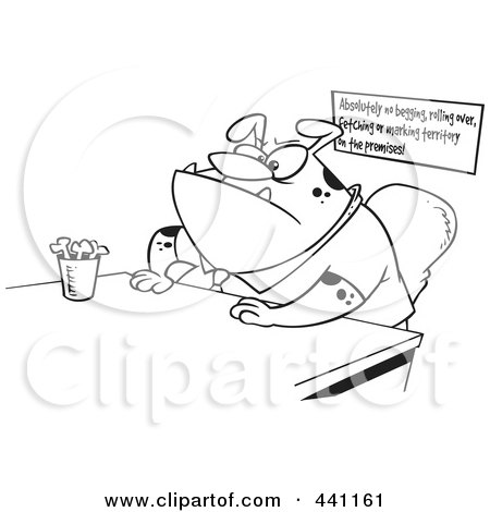 Royalty-Free (RF) Clip Art Illustration of a Cartoon Black And White Outline Design Of A Boss Dog Sitting At His Desk by toonaday
