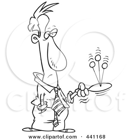 Royalty-Free (RF) Clip Art Illustration of a Cartoon Black And White Outline Design Of A Bored Businessman Playing Paddle Ball by toonaday