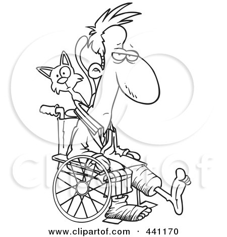 Royalty-Free (RF) Clip Art Illustration of a Cartoon Black And White Outline Design Of A Cat Behind A Man With Broken Limbs In A Wheelchair by toonaday