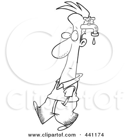 Royalty-Free (RF) Clip Art Illustration of a Cartoon Black And White Outline Design Of A Man With A Brain Drain by toonaday