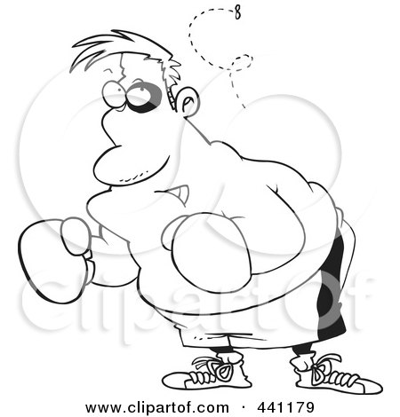 Royalty-Free (RF) Clip Art Illustration of a Cartoon Black And White Outline Design Of A Fly Bothering A Boxer by toonaday