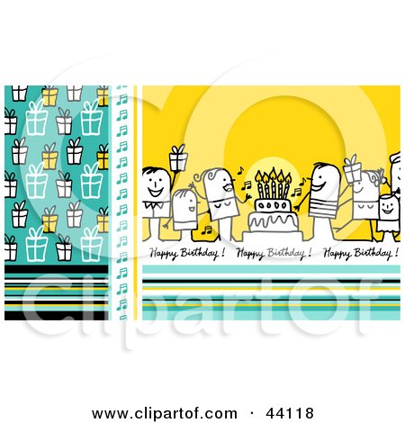 Clipart Illustration of a Blue And Yellow Happy Birthday Stick People Greeting With A Party, Gifts And Cake by NL shop