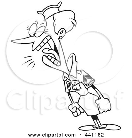 Royalty-Free (RF) Clip Art Illustration of a Cartoon Black And White Outline Design Of A Bossy Military Woman by toonaday