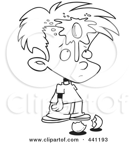Royalty-Free (RF) Clip Art Illustration of a Cartoon Black And White Outline Design Of A Boy With An Egg On His Face by toonaday