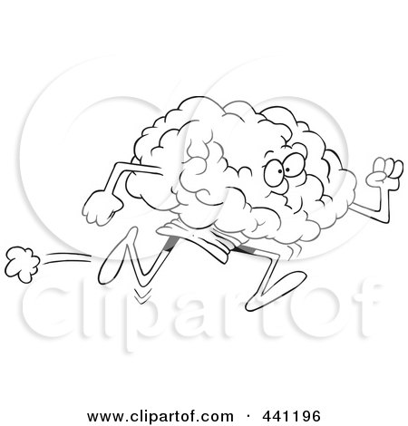 Royalty-Free (RF) Clip Art Illustration of a Cartoon Black And White Outline Design Of A Running Brain by toonaday
