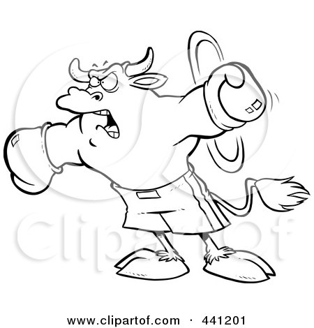 Royalty-Free (RF) Clip Art Illustration of a Cartoon Black And White Outline Design Of A Boxing Bull by toonaday