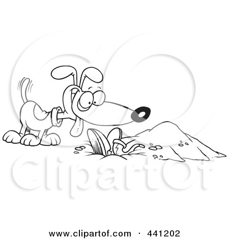 Royalty-Free (RF) Clip Art Illustration of a Cartoon Black And White Outline Design Of A Dog By A Buried Person by toonaday