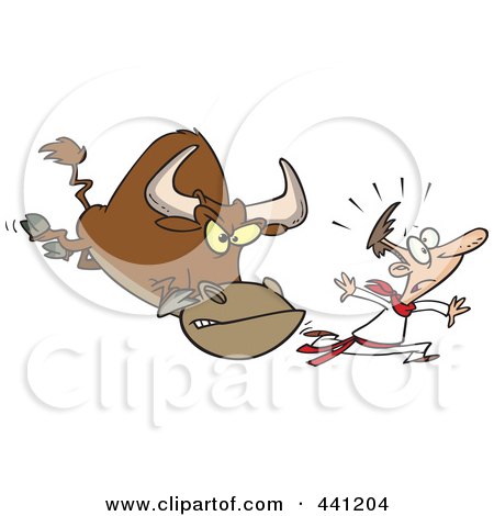 Royalty-Free (RF) Clip Art Illustration of a Cartoon Man Running From A Bull by toonaday
