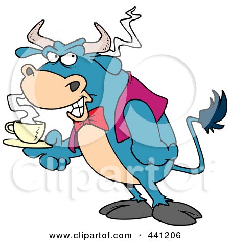 Royalty-Free (RF) Clip Art Illustration of a Cartoon Bull Waiter Serving Coffee by toonaday