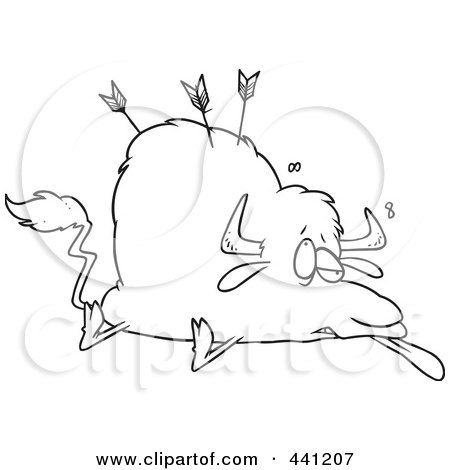 Royalty-Free (RF) Clip Art Illustration of a Cartoon Black And White Outline Design Of A Buffalo Shot With Arrows by toonaday