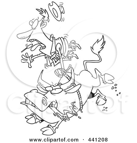 Royalty-Free (RF) Clip Art Illustration of a Cartoon Black And White Outline Design Of A Rodeo Bull And Cowboy by toonaday