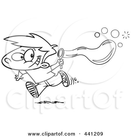 Royalty-Free (RF) Clip Art Illustration of a Cartoon Black And White Outline Design Of A Boy Using A Bubble Maker by toonaday