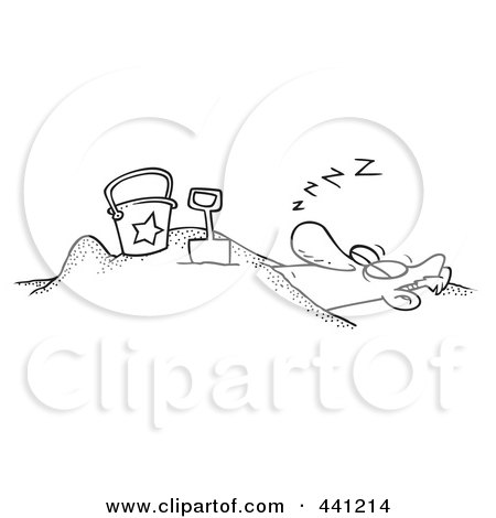 Royalty-Free (RF) Clip Art Illustration of a Cartoon Black And White Outline Design Of A Snoozing Man Buried In The Sand On A Beach by toonaday