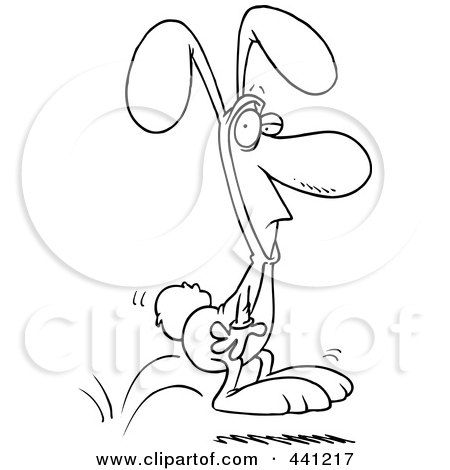 Royalty-Free (RF) Clip Art Illustration of a Cartoon Black And White Outline Design Of A Man Hopping In A Bunny Suit by toonaday