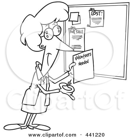 Royalty-Free (RF) Clip Art Illustration of a Cartoon Black And White Outline Design Of A Woman Posting A Volunteers Needed Sign On A Bulletin Board by toonaday
