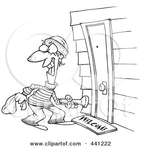 Royalty-Free (RF) Clip Art Illustration of a Cartoon Black And White Outline Design Of A Burglar At A Door by toonaday