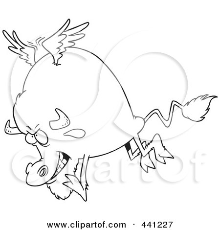 Royalty-Free (RF) Clip Art Illustration of a Cartoon Black And White Outline Design Of A Buffalo With Wings by toonaday
