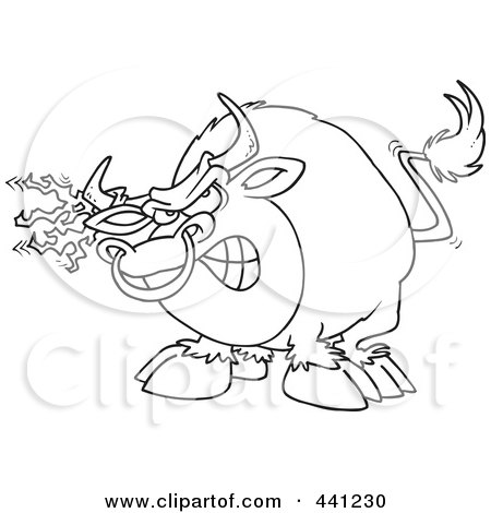 Royalty-Free (RF) Clip Art Illustration of a Cartoon Black And White Outline Design Of A Bull With Torn Fabric On His Horn by toonaday