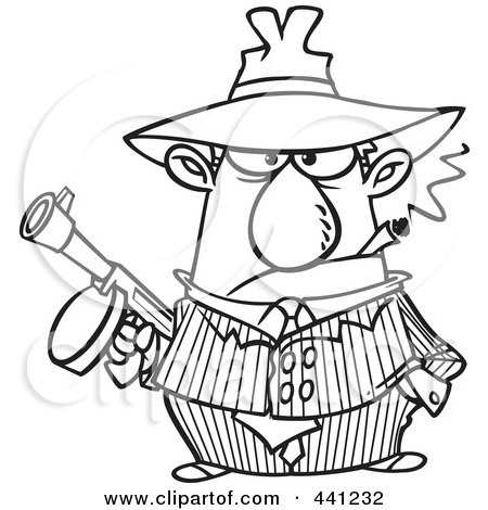 Royalty-Free (RF) Clip Art Illustration of a Cartoon Black And White Outline Design Of A Gangster Holding A Gun And Smoking A Cigar by toonaday