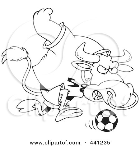 Royalty-Free (RF) Clip Art Illustration of a Cartoon Black And White Outline Design Of A Soccer Bull by toonaday