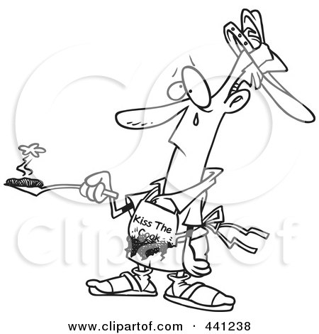 Royalty-Free (RF) Clip Art Illustration of a Cartoon Black And White Outline Design Of A Sad Man Holding A Burnt Burger by toonaday