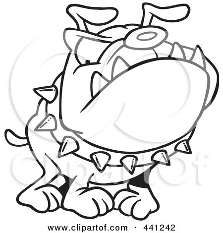 Royalty-Free (RF) Clip Art Illustration of a Cartoon Black And White Outline Design Of A Bulldog Wearing A Spiked Collar by toonaday
