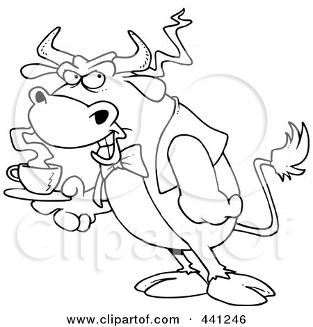 Royalty-Free (RF) Clip Art Illustration of a Cartoon Black And White Outline Design Of A Bull Waiter Serving Coffee by toonaday