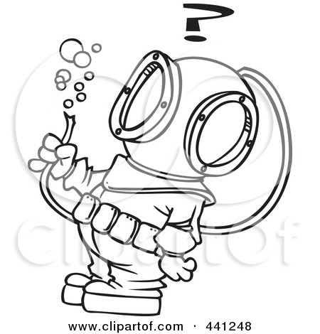 Royalty-Free (RF) Clip Art Illustration of a Cartoon Black And White Outline Design Of A Diver Looking At A Hose With Bubbles by toonaday