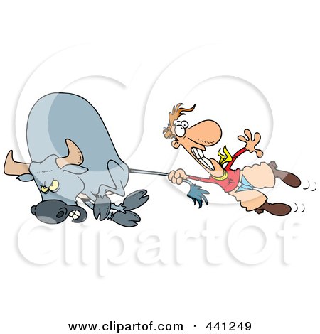 Royalty-Free (RF) Clip Art Illustration of a Cartoon Rodeo Cowboy Holding Onto A Bull's Tail by toonaday