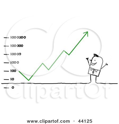 Clipart Illustration of a Successful Stick Business Man Dancing Under An Ascending Financial Chart by NL shop