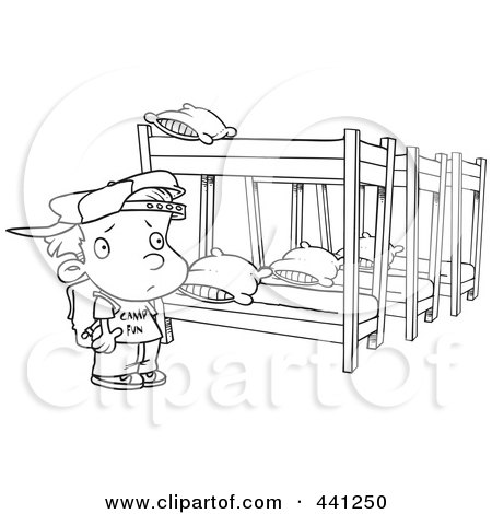 Royalty-Free (RF) Clip Art Illustration of a Cartoon Black And White Outline Design Of A Summer Camp Boy Looking At Bunk Beds by toonaday