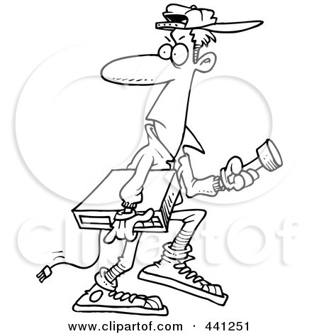 Royalty-Free (RF) Clip Art Illustration of a Cartoon Black And White Outline Design Of A Burglar Carrying An Electronic Device by toonaday