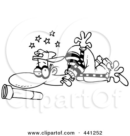 Royalty-Free (RF) Clip Art Illustration of a Cartoon Black And White Outline Design Of A Knocked Out Burglar by toonaday